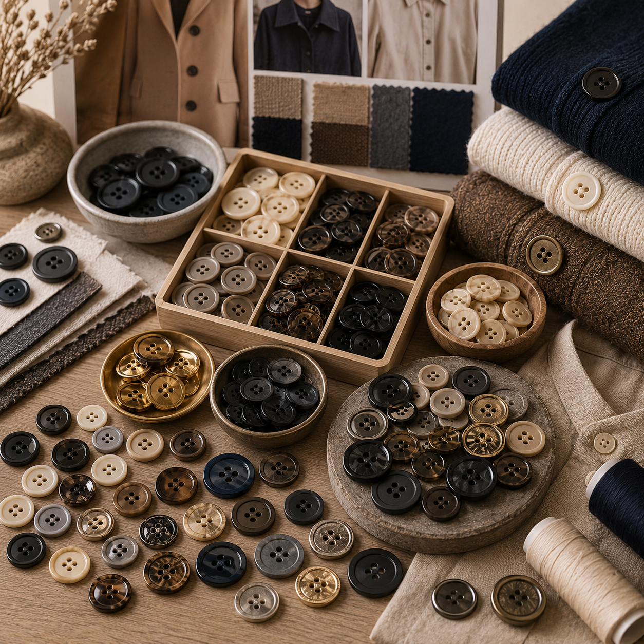 Illustration de boutons de couture noirs et blancs, accessoires pour couture et loisirs créatifs