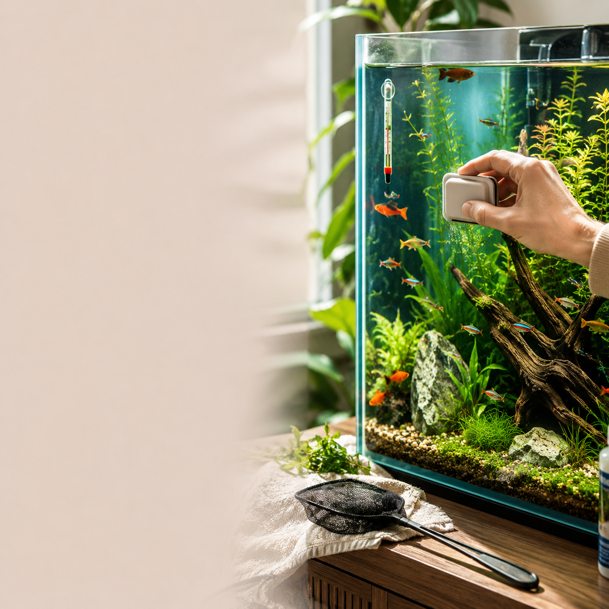 Illustration d'accessoires d'aquarium dont un filet, thermomètre, aimants et aquarium