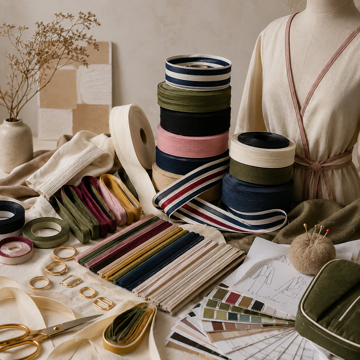 Bobines de biais de couture illustrées, accessoires pour projets créatifs et mercerie.