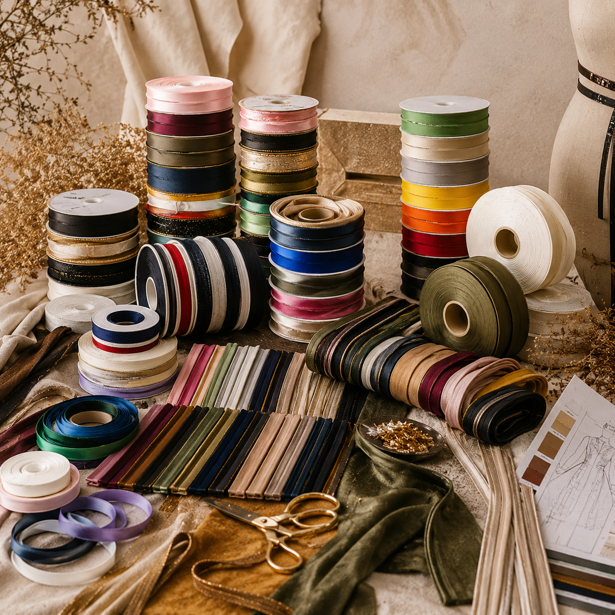 Bobines de biais de couture illustrées, accessoires pour projets créatifs et mercerie.