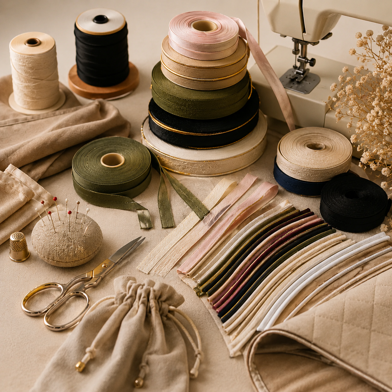 Bobines de biais de couture illustrées, accessoires pour projets créatifs et mercerie.