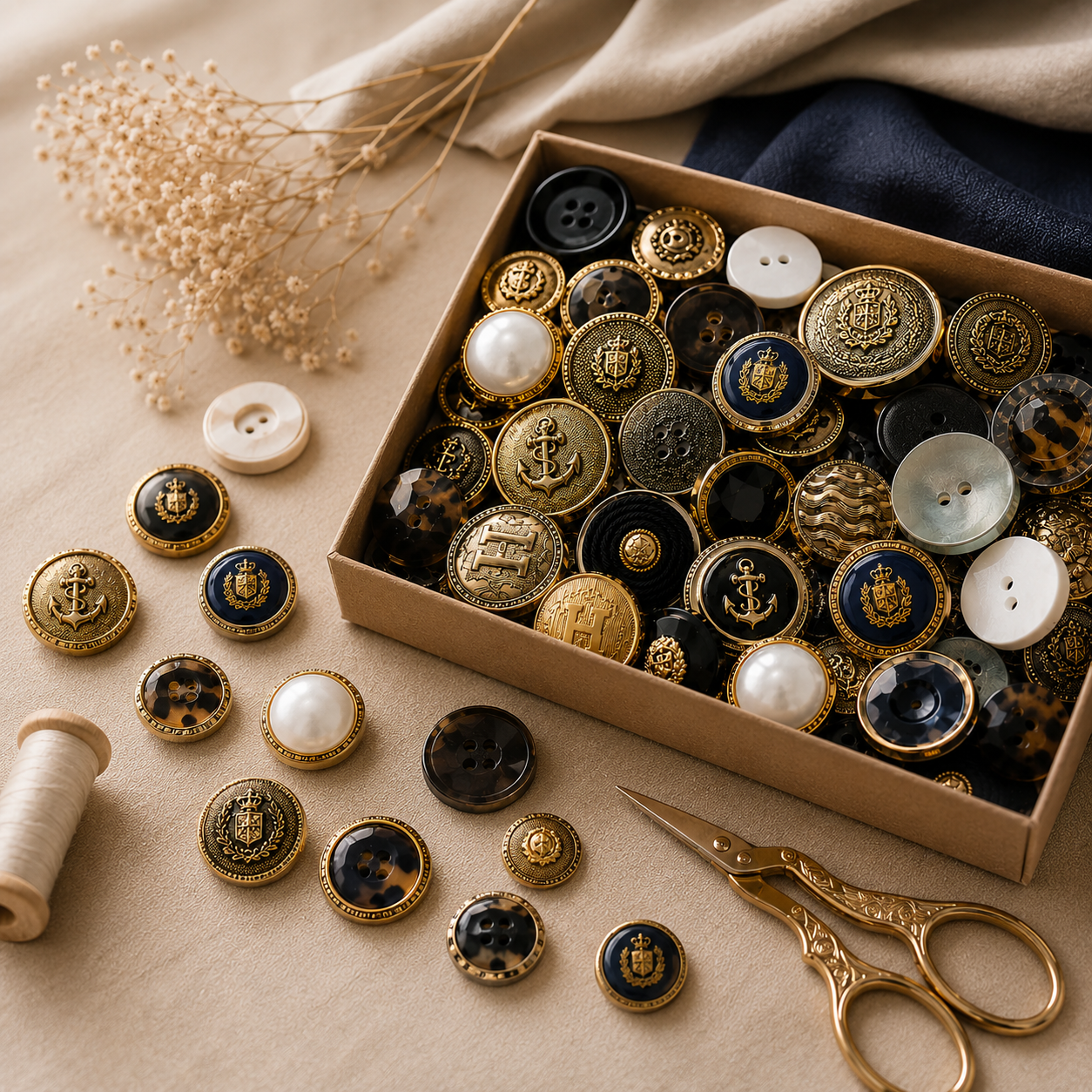 Illustration de boutons de couture noirs et blancs, accessoires pour loisirs créatifs