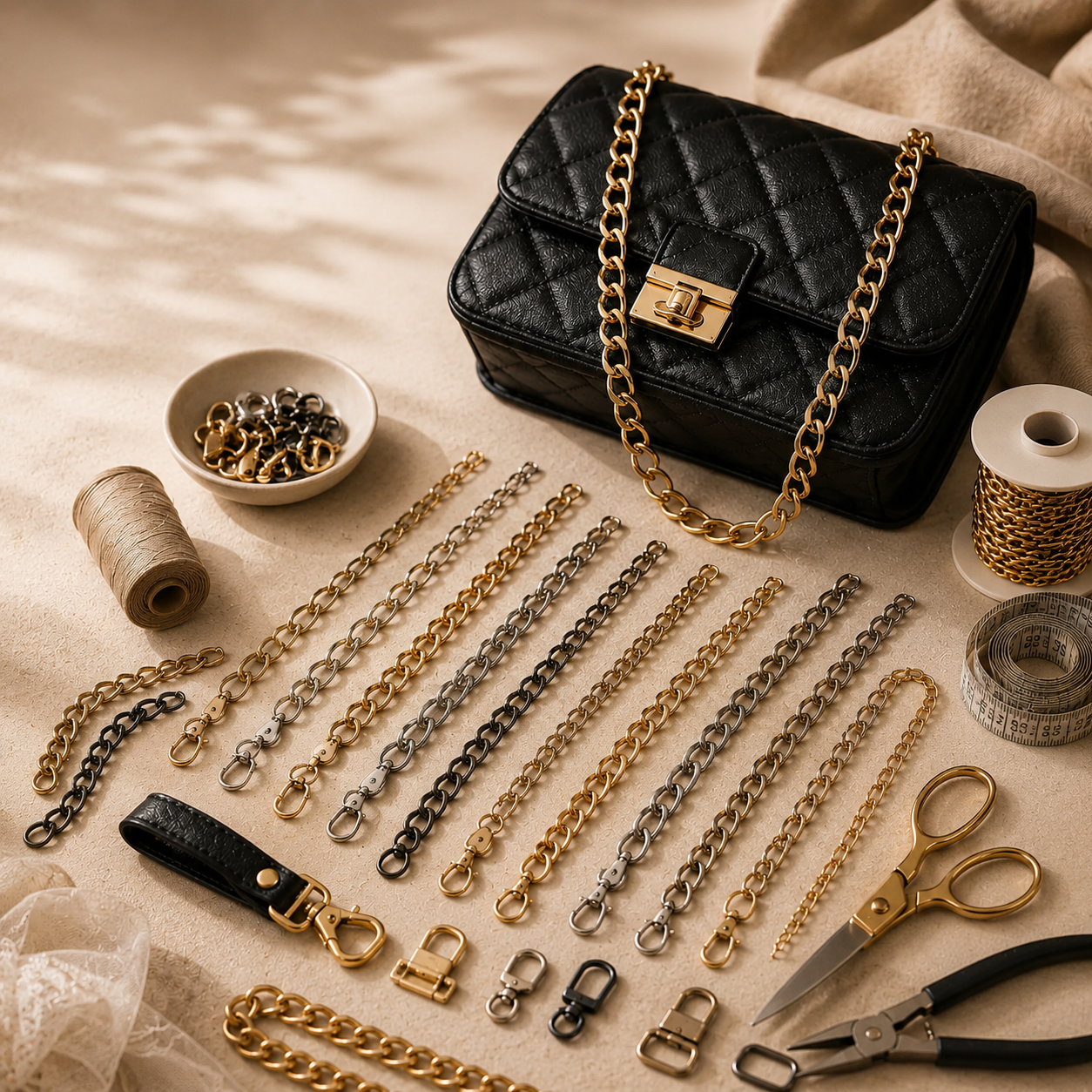 Chaîne noire décorative pour couture, accessoires créatifs et projets d'artisanat.