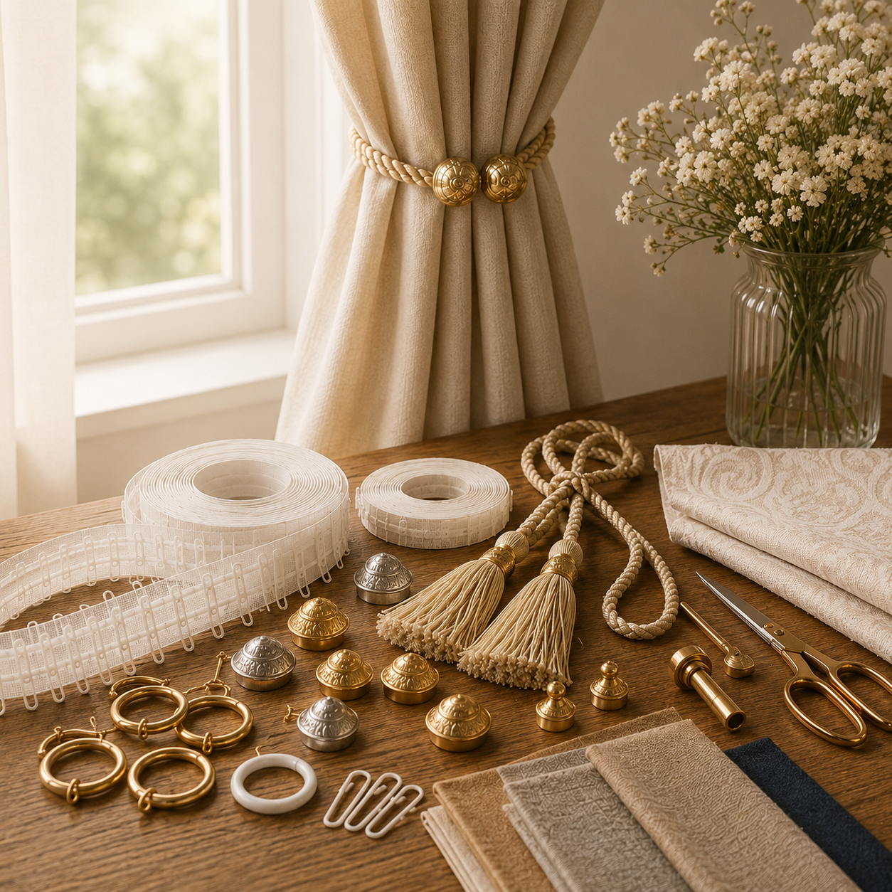 Illustration d’accessoires pour rideaux : embrasses, cantonnière et tringle sur une fenêtre.