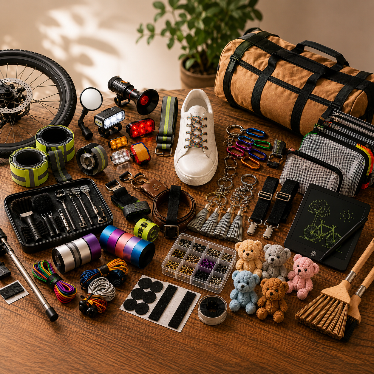 Illustration d’accessoires mode : ceinture, bretelles, sous-vêtement, porte-clés.