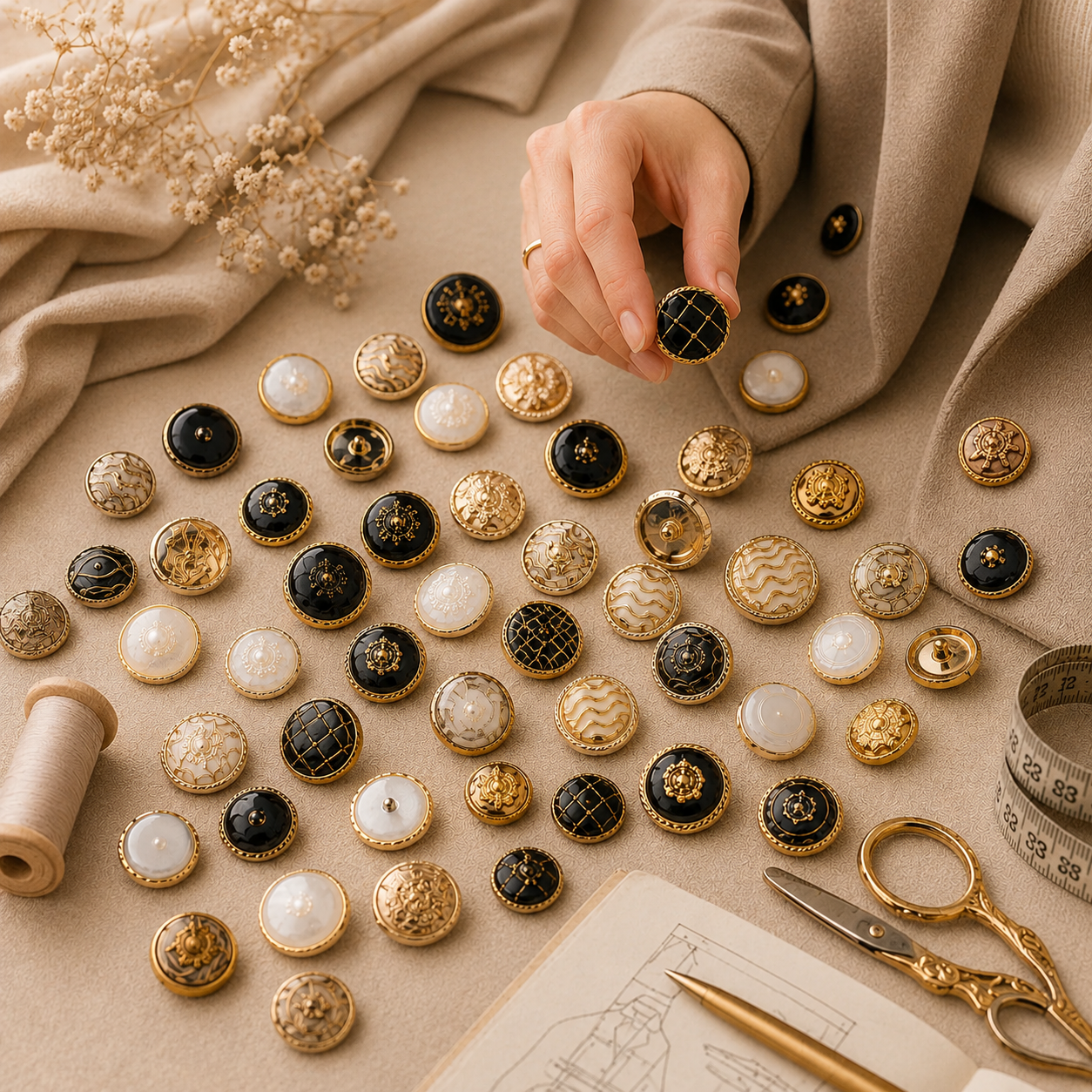 Illustration de plusieurs boutons de couture noirs et blancs sur fond blanc.