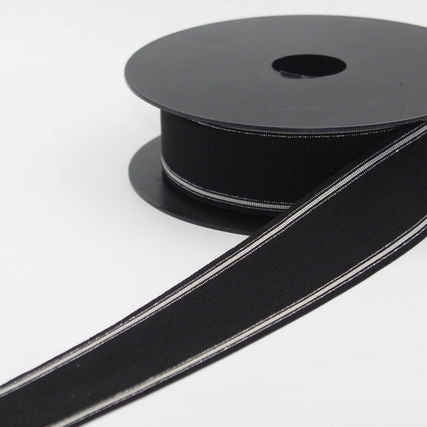 5 meters 40mm Black Fine Elastic Gros Grain Striped with Fine Lurex Lines #ELA3614 - ACCESSOIRES LEDUC BV