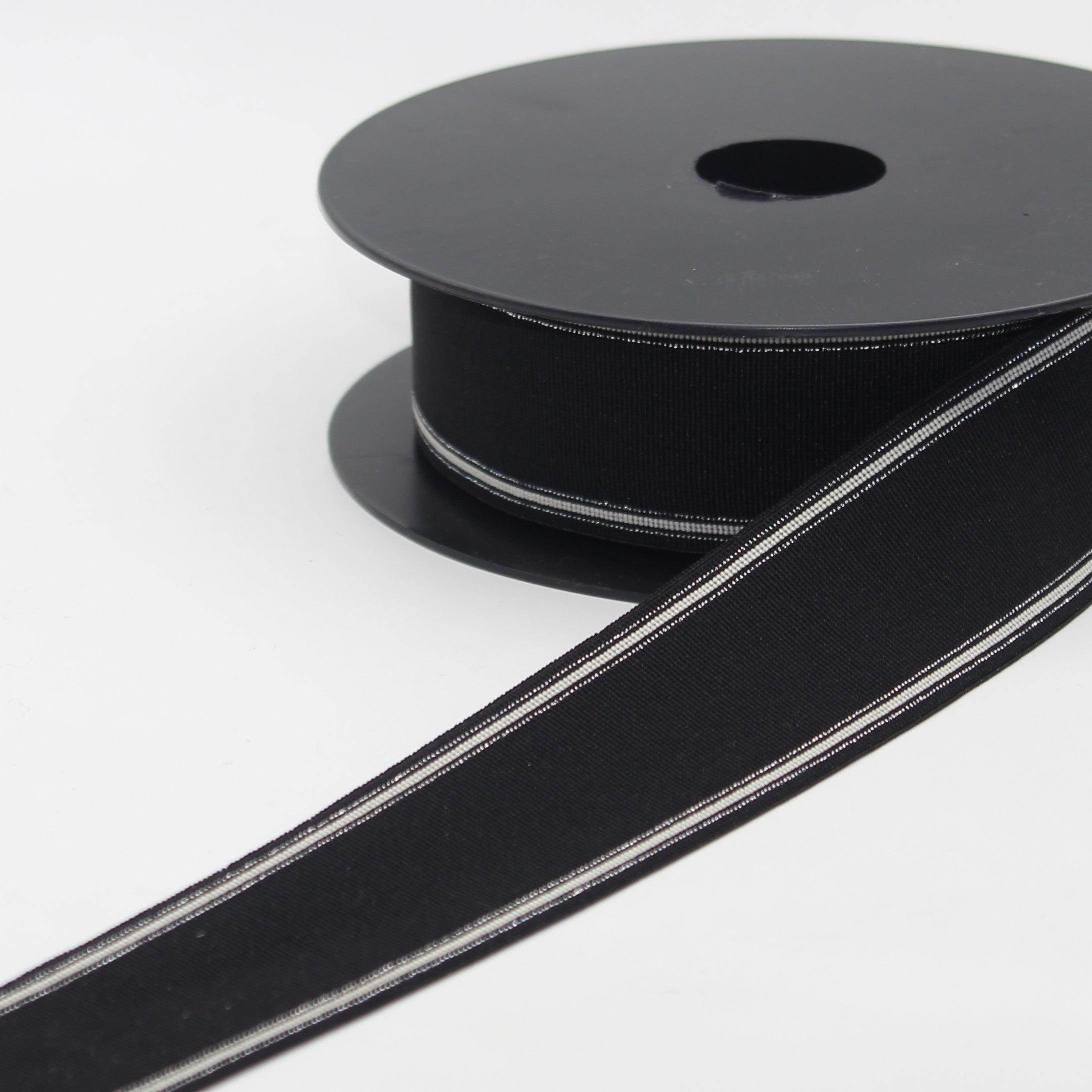 5 meters 40mm Black Fine Elastic Gros Grain Striped with Fine Lurex Lines #ELA3614 - ACCESSOIRES LEDUC BV