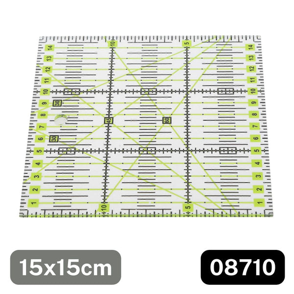 Règle carrée patchwork 15x15cm pour couture, avec repères verts et noirs, outil mesure