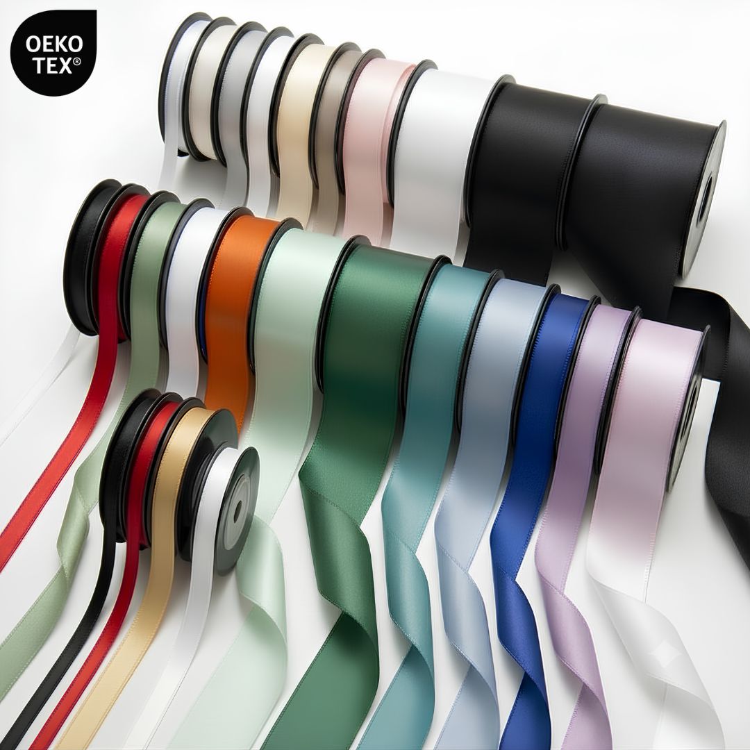 Deluxe-Satinbandrolle, beidseitig verwendbar, 25 m – Breiten 3–63 mm – Oeko-Tex Standard 100