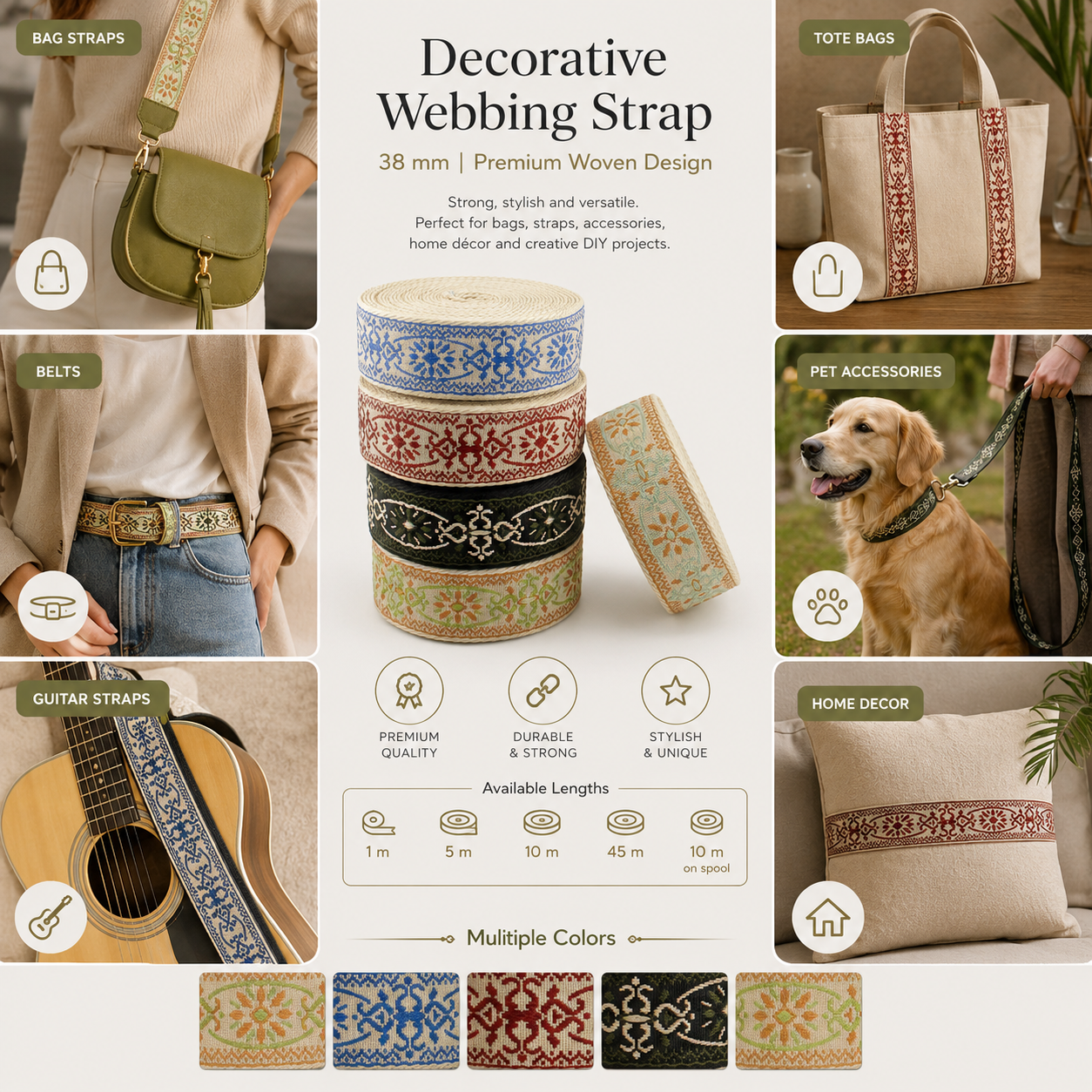 Blumen-Gurtband 38 mm – Hochwertige dekorative Jacquard-Borte für Taschen und Polsterarbeiten (RUB3584)