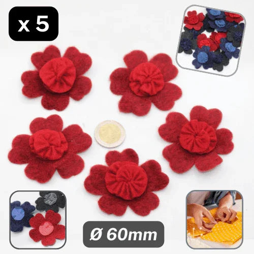 Set of 5 Felt Bicolor Flowers Sew-on Ø60mm #F1-04 - ACCESSOIRES LEDUC BV