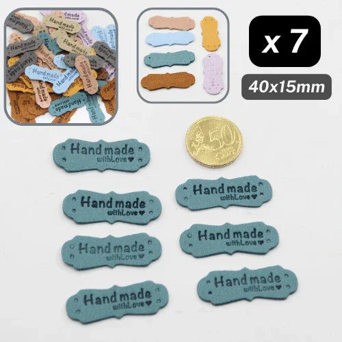 Set of 7 Fake Suede Labels - Peanut Shape - tagged "Handmade with ♥" - size40x15mm (Sew-on) - ACCESSOIRES LEDUC BV