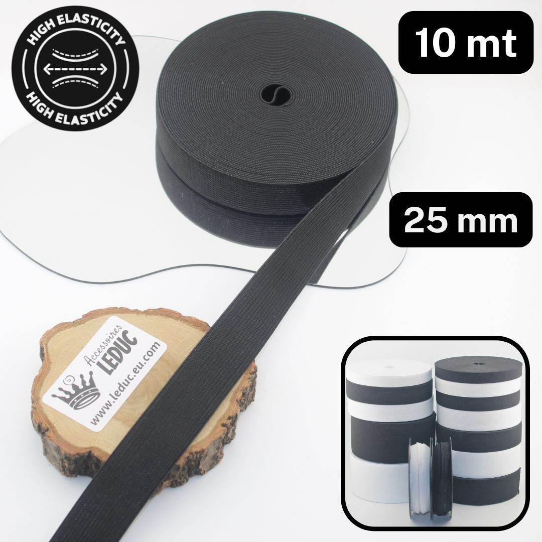 10 meters High Elasticity - High Tension Elastic Black or White available in sizes 10/15/20/25/30/40 or 60mm - ACCESSOIRES LEDUC BV