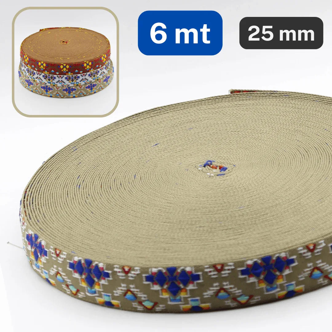 6 meters Ethnic Jacquard Braid 25mm available in 3 different Color Variants - ACCESSOIRES LEDUC BV