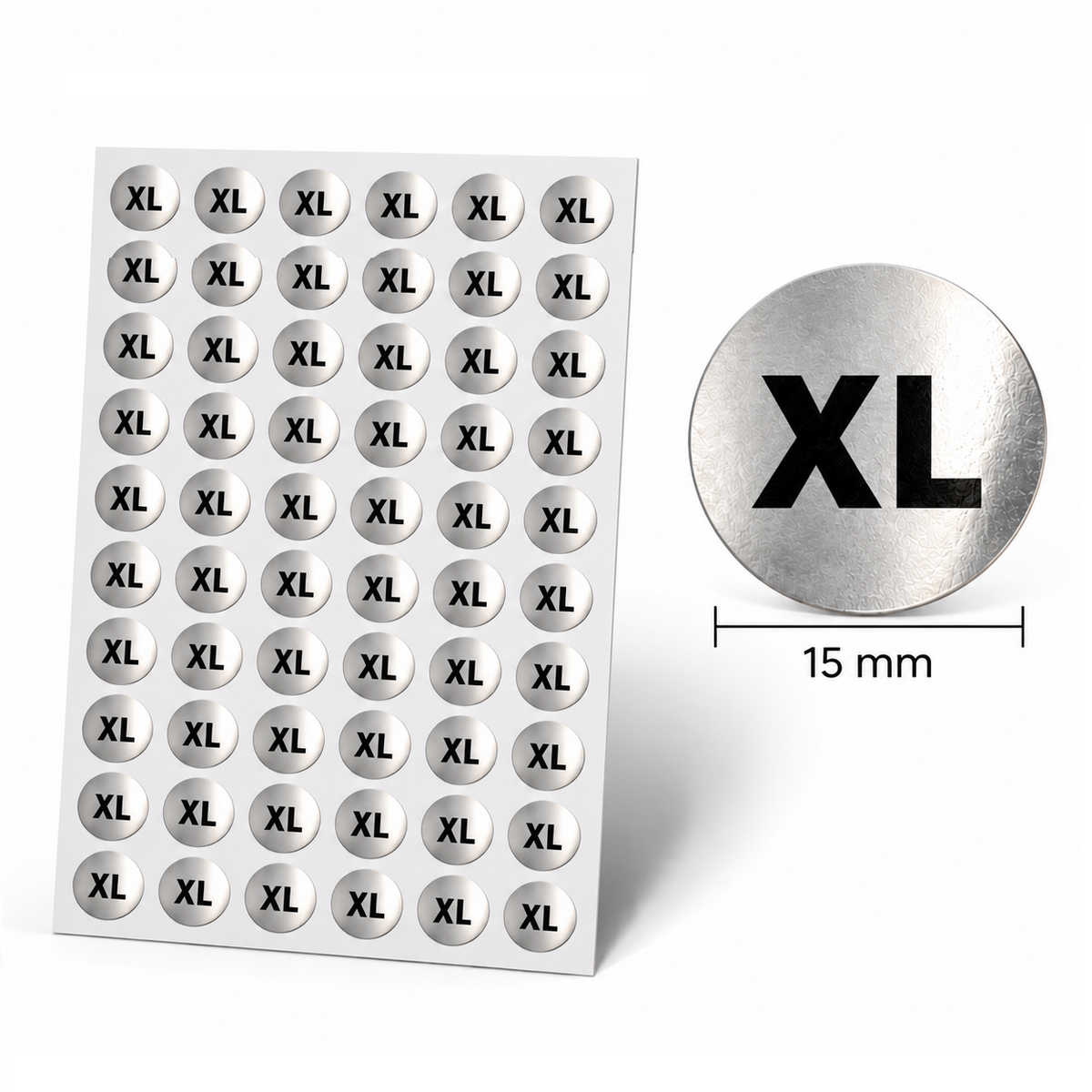 6 Sheets (360 labels) Silver Garment Size Stickers for Clothes Hangers – 15 mm
