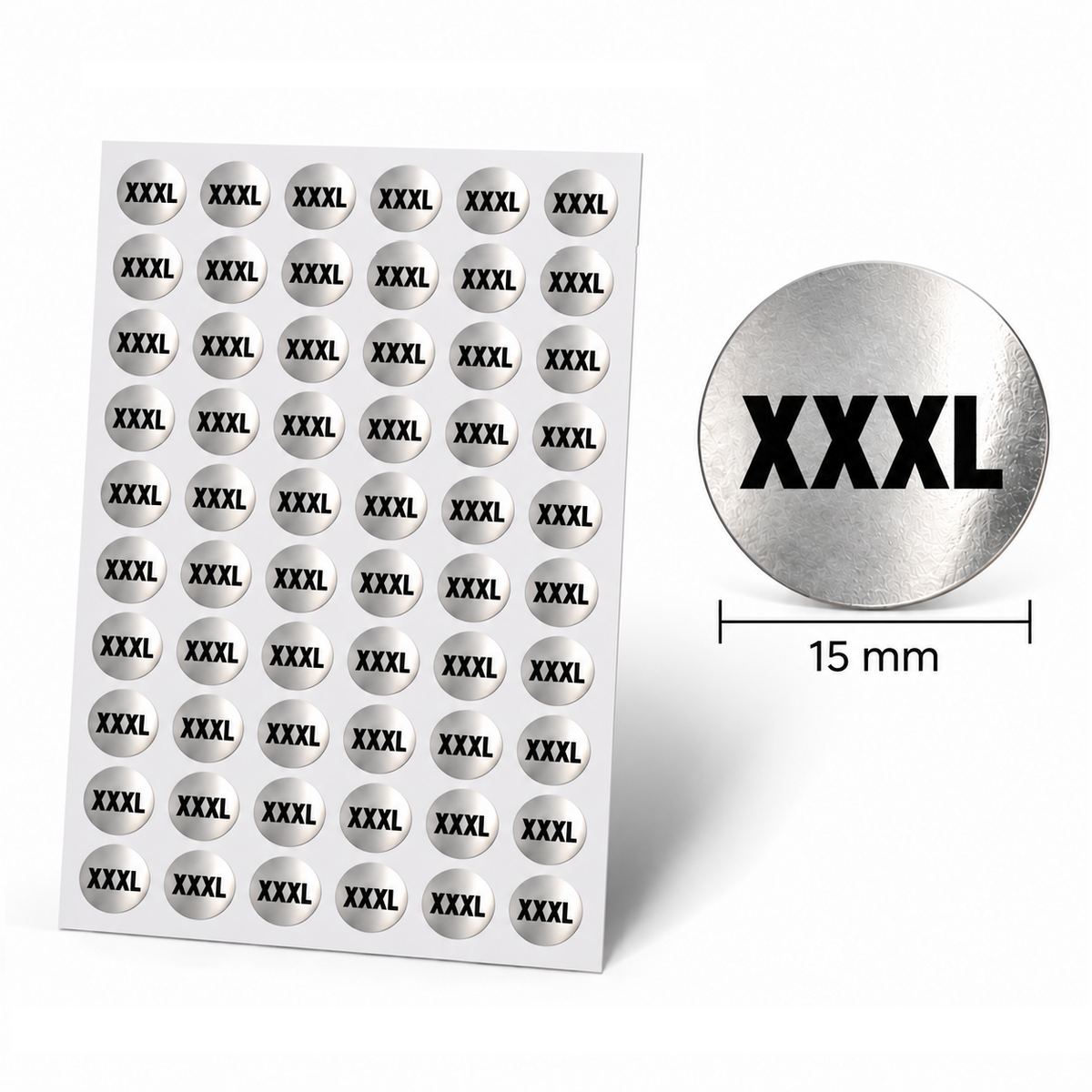 6 Sheets (360 labels) Silver Garment Size Stickers for Clothes Hangers – 15 mm