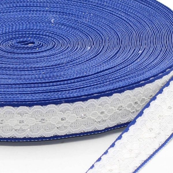 6 Meters White Floral Lace Trimming with Colored Edges (Blue or Green variants) - ACCESSOIRES LEDUC BV
