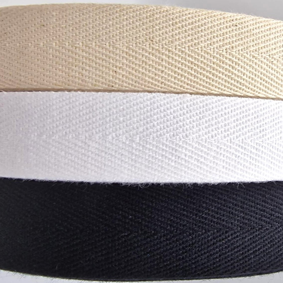 5 m 100% Cotton Herringbone Tape – White, Black or Ecru