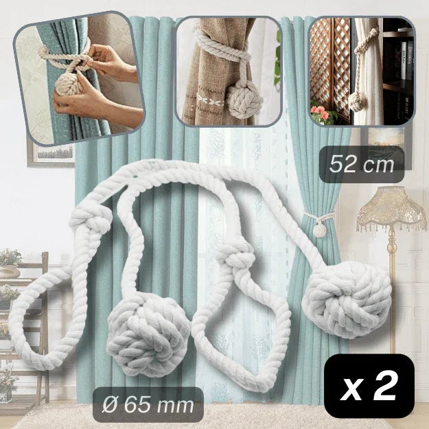 1 pair (2 pieces - suitable for 1 or 2 window(s)) Fancy Cotton Tie-Backs for Curtains - Made with a Cord and a Ball #EMB04 - ACCESSOIRES LEDUC BV