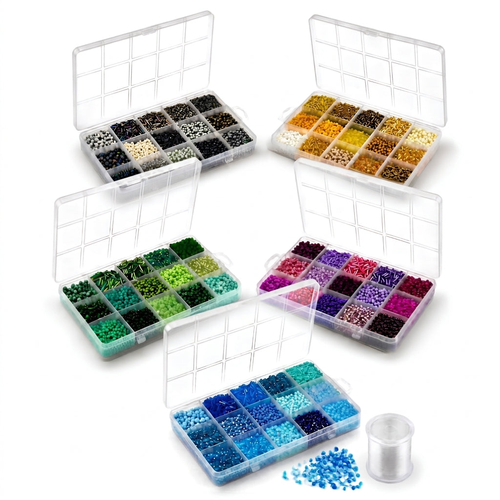Premium Decorative Bead Set with Storage Box – 15 Compartments – 150g + 130m Thread - 12 colours sets available