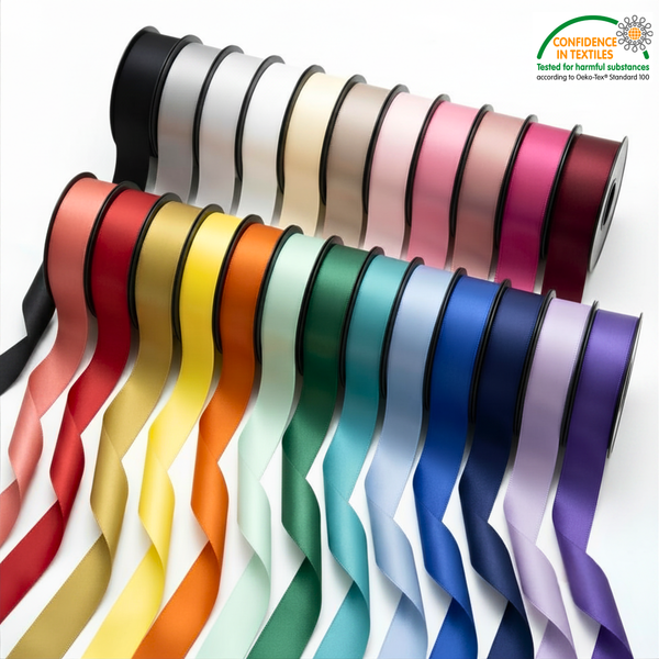 Deluxe Double-Sided Satin Ribbon Roll 25 m - Widths 3–63 mm - Oeko-Tex Standard 100
