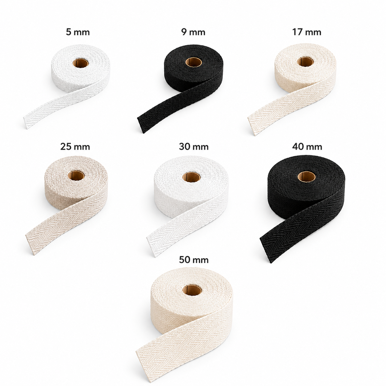 5 m 100% Cotton Herringbone Tape – White, Black or Ecru