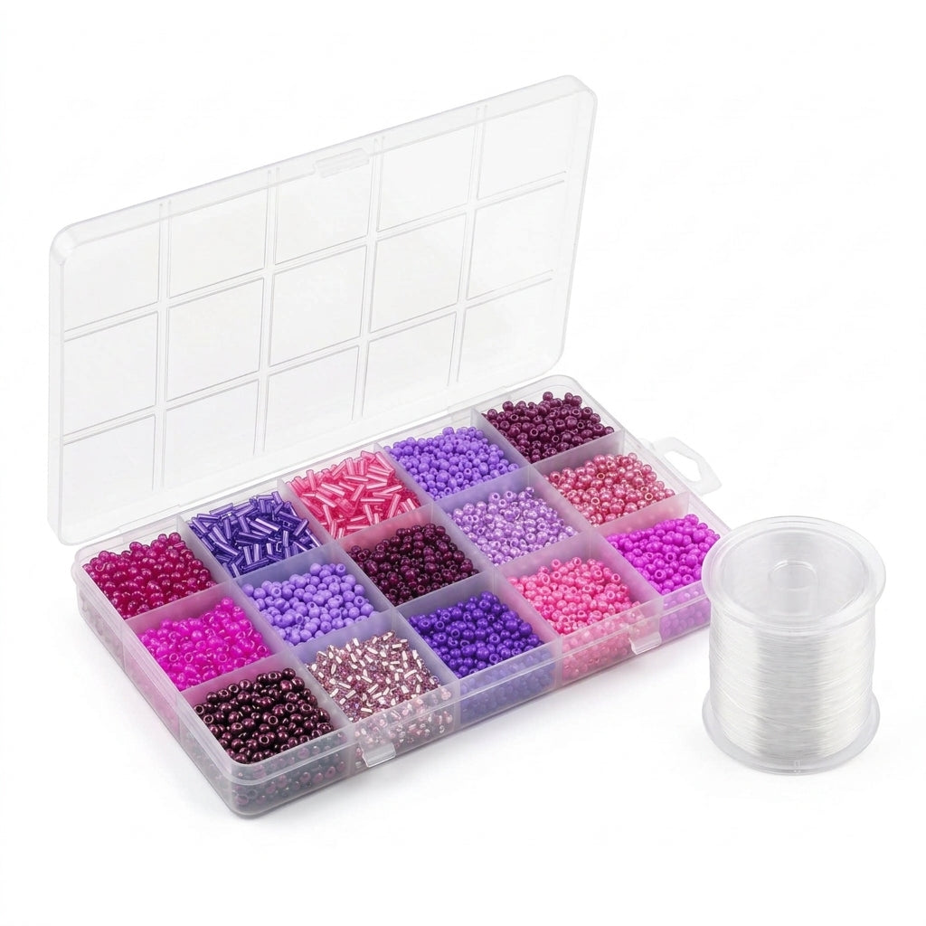 Premium Decorative Bead Set with Storage Box – 15 Compartments – 150g + 130m Thread - 12 colours sets available