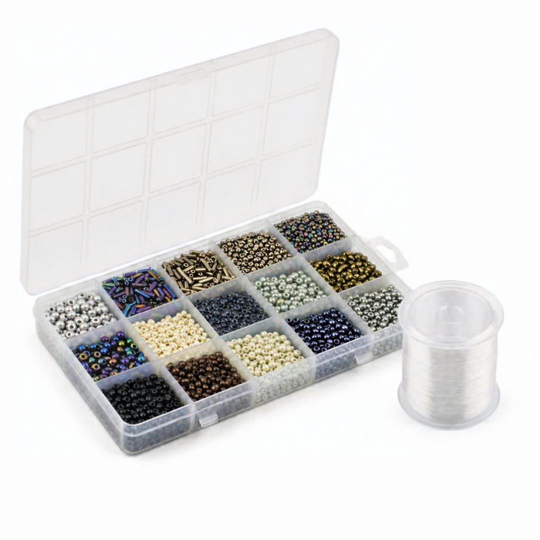 Premium Decorative Bead Set with Storage Box – 15 Compartments – 150g + 130m Thread - 12 colours sets available