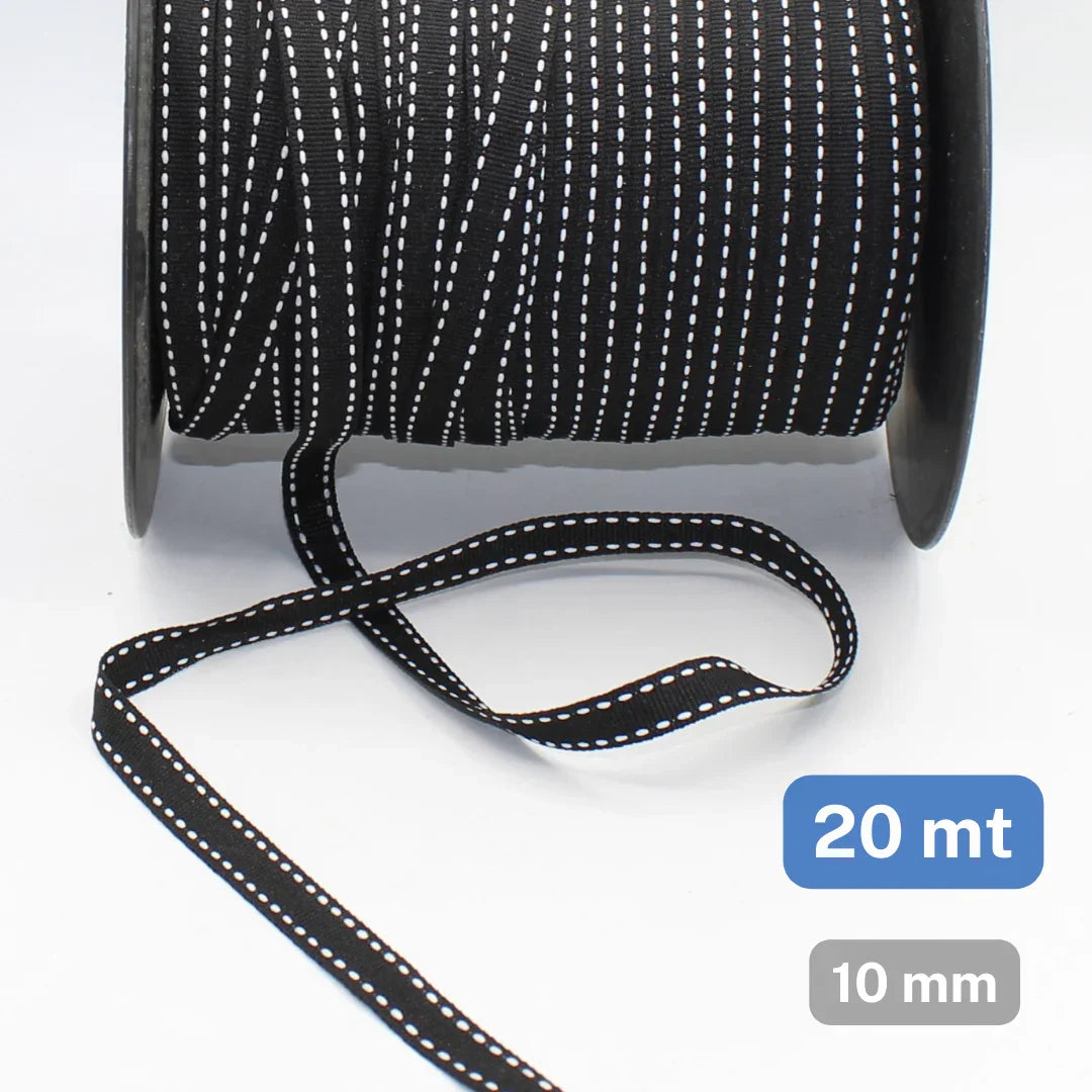 20 meters Black 10mm Tape with White Saddle Stitch - ACCESSOIRES LEDUC BV