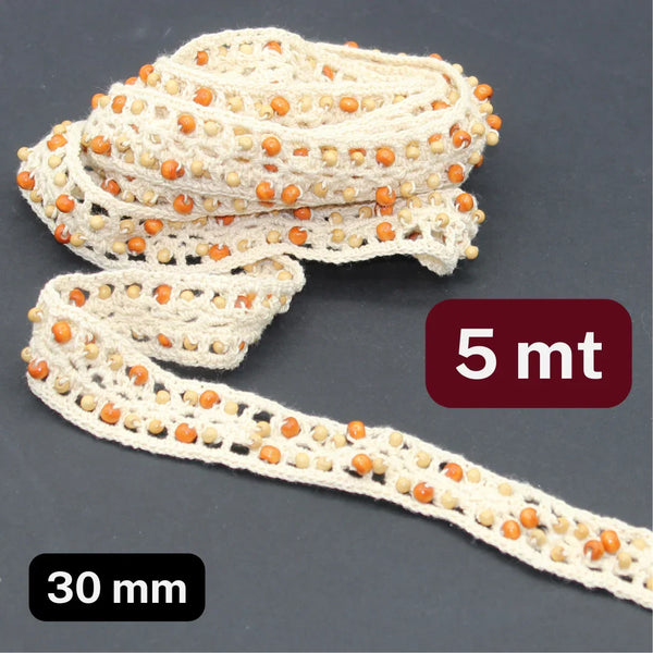5 meters Ecru Lace (30mm) with Wooden Beads - ACCESSOIRES LEDUC BV