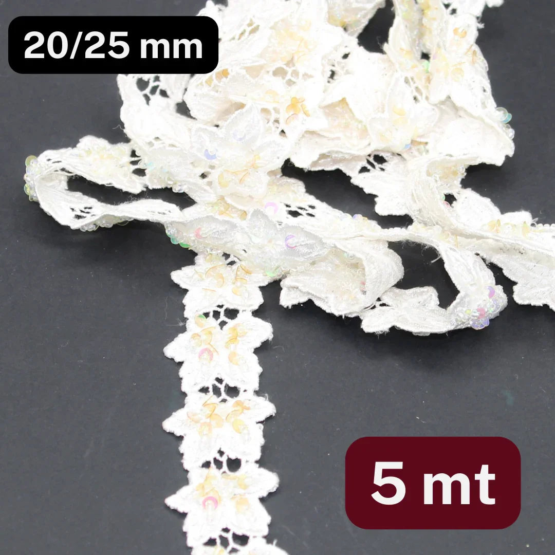 5 meters Floral Lace OffWhite 25mm (Design is 20/25mm) , with Small Translucid Sequins - ACCESSOIRES LEDUC BV