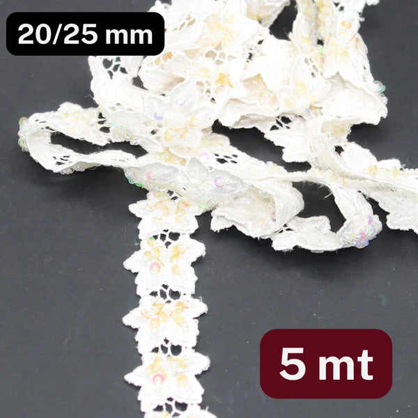5 meters Floral Lace OffWhite 25mm (Design is 20/25mm) , with Small Translucid Sequins - ACCESSOIRES LEDUC BV