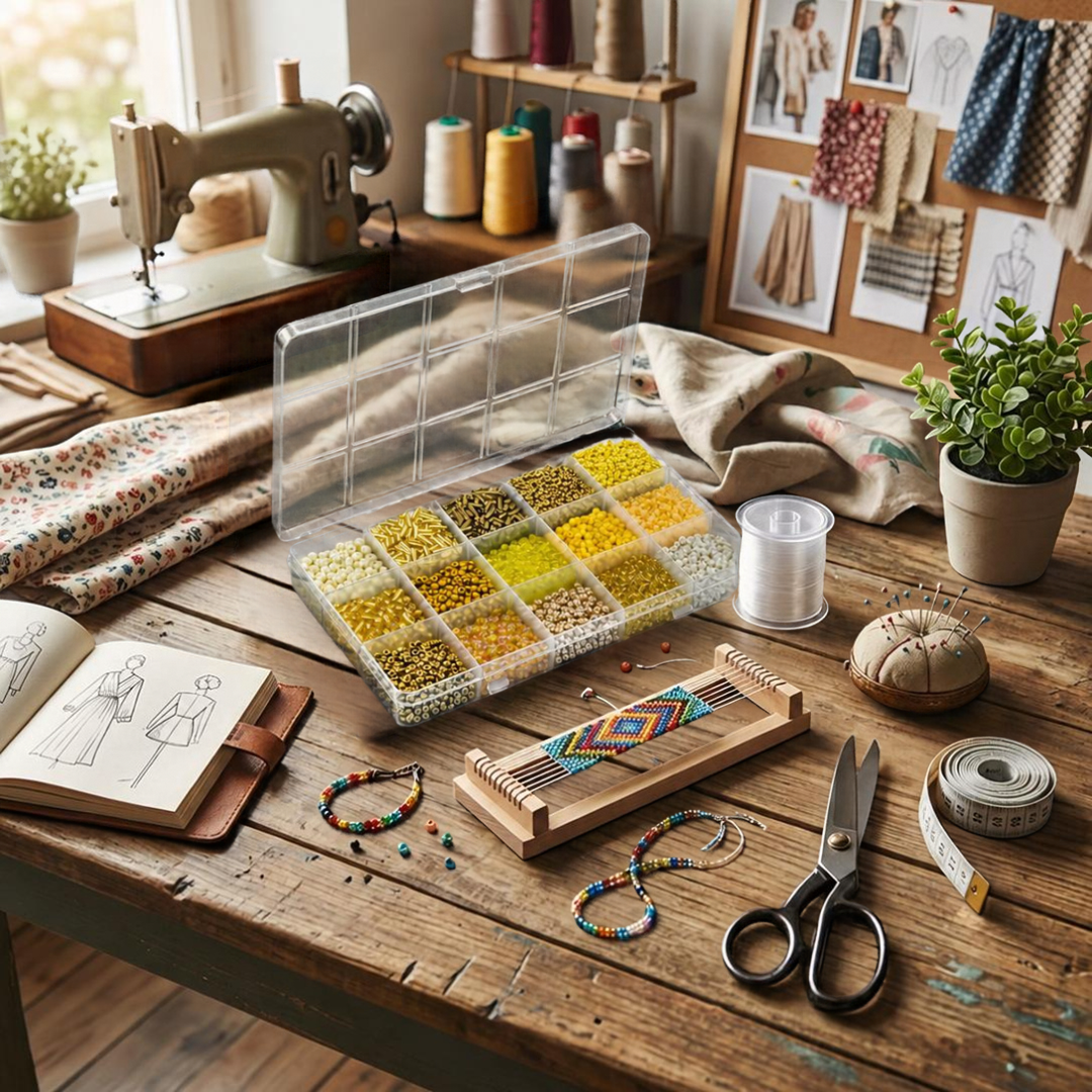Premium Decorative Bead Set with Storage Box – 15 Compartments – 150g + 130m Thread - 12 colours sets available