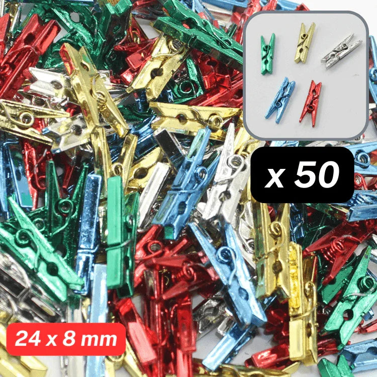 Set of 50 mini clothepins / clips - mixed random colors - Metallic (24x8mm) or Trasparent (35x10mm) - ACCESSOIRES LEDUC BV