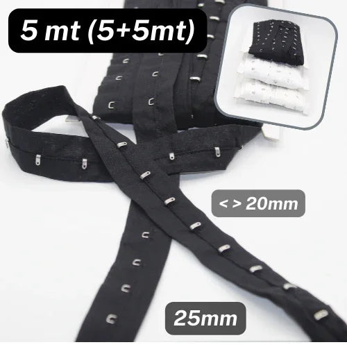 5 meters Cotton Hook and Eye Tape, 25mm wide, Space between each Hooks 20mm, available in Black, White or Offwhite #RUB1302 - ACCESSOIRES LEDUC BV