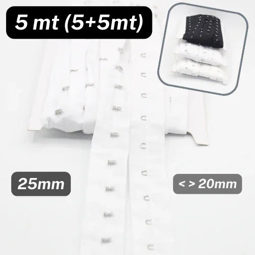 5 meters Cotton Hook and Eye Tape, 25mm wide, Space between each Hooks 20mm, available in Black, White or Offwhite #RUB1302 - ACCESSOIRES LEDUC BV