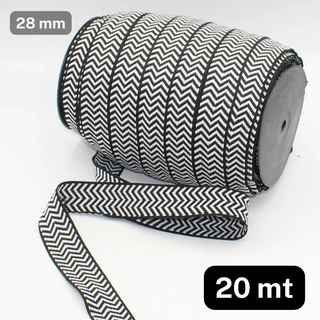 20 meters 28mm Polyester Ethnic Design Tape in Black & White - ACCESSOIRES LEDUC BV