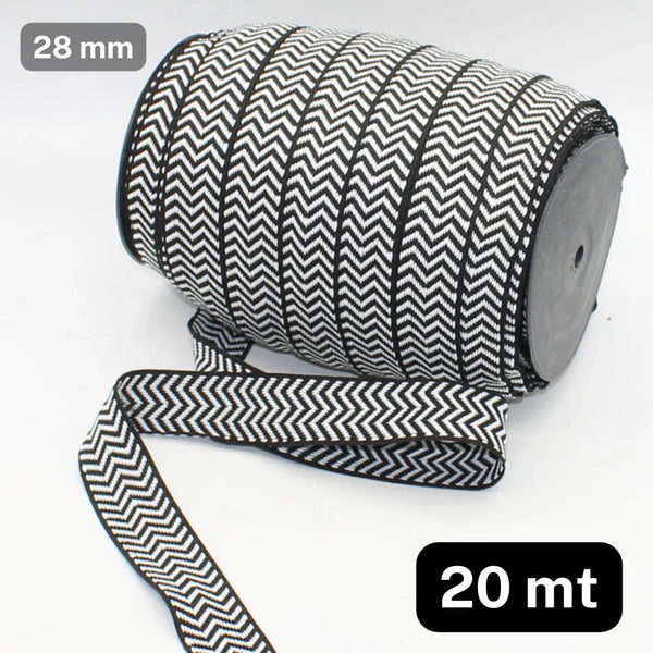 20 meters 28mm Polyester Ethnic Design Tape in Black & White - ACCESSOIRES LEDUC BV