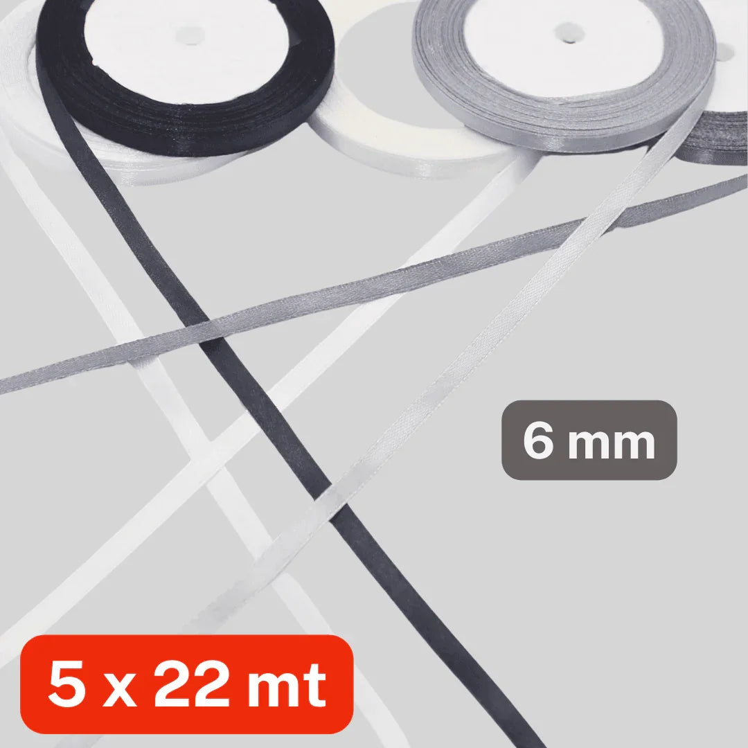 Set of 5x22 meters Single Sided Satin Tapes 6, 12, or 25mm, 5 different colours per set - ACCESSOIRES LEDUC BV