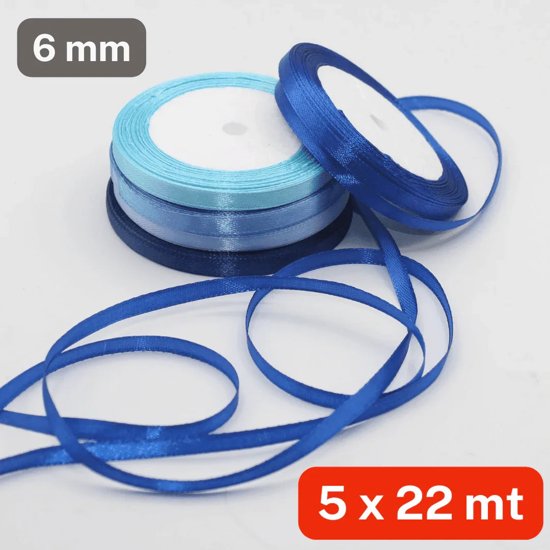 Set of 5x22 meters Single Sided Satin Tapes 6, 12, or 25mm, 5 different colours per set - ACCESSOIRES LEDUC BV
