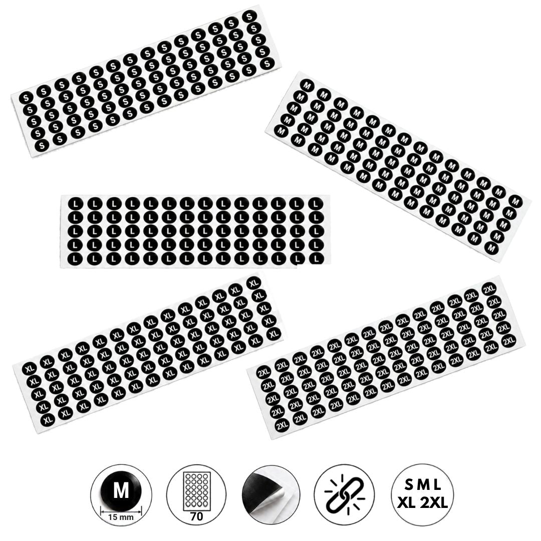 5 Sheets (350 labels) Black Garment Size Stickers for Clothes Hangers – 15 mm