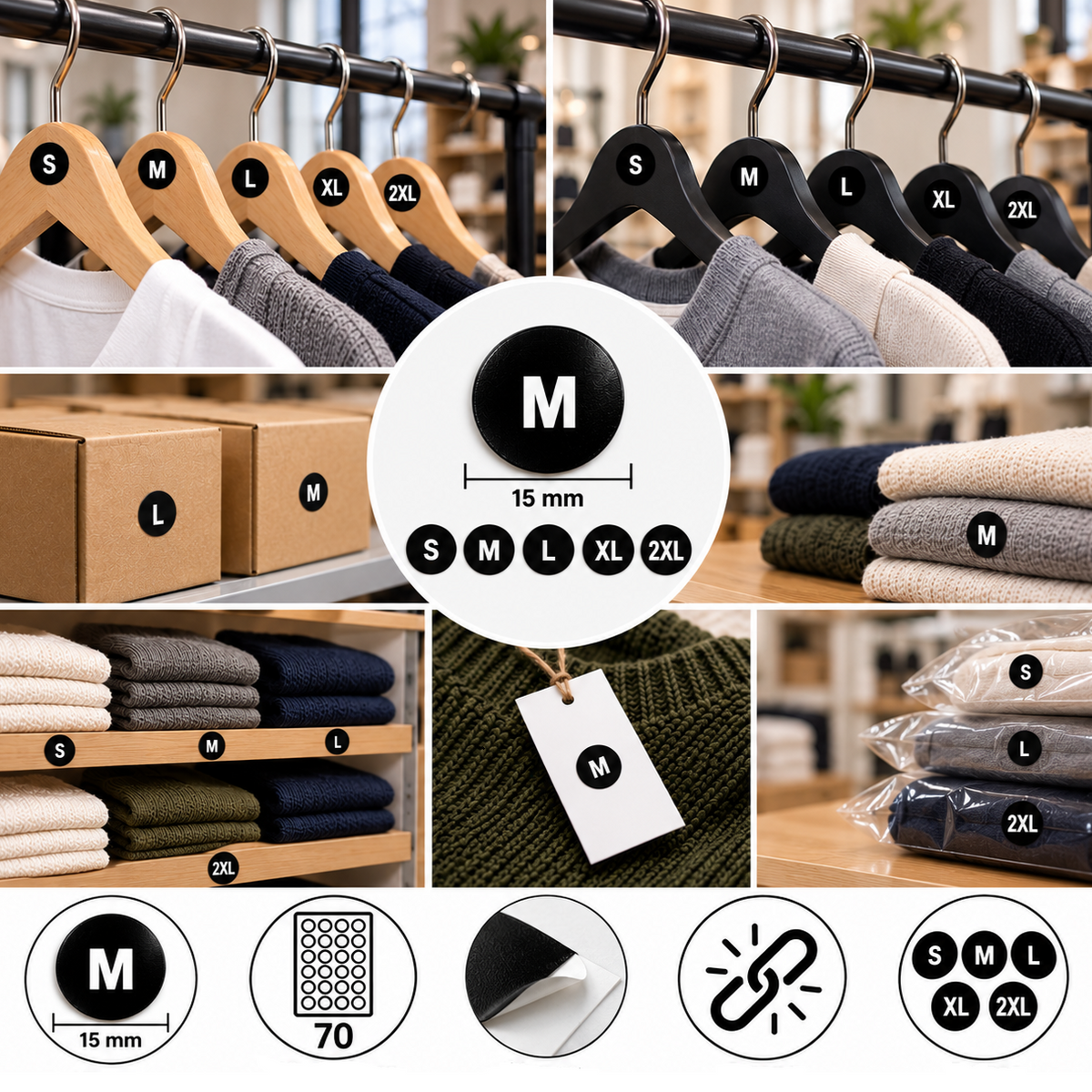 5 Sheets (350 labels) Black Garment Size Stickers for Clothes Hangers – 15 mm
