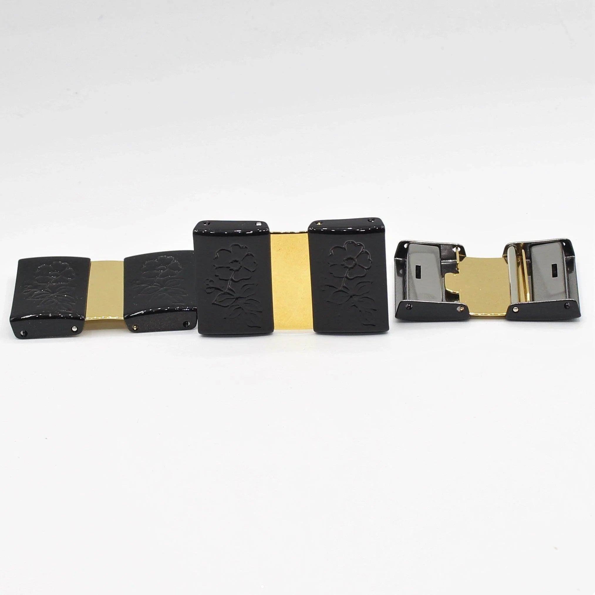 2 Set of Gold and Black Belt Buckle with Flower Pattern 50x32 mm - ACCESSOIRES LEDUC BV