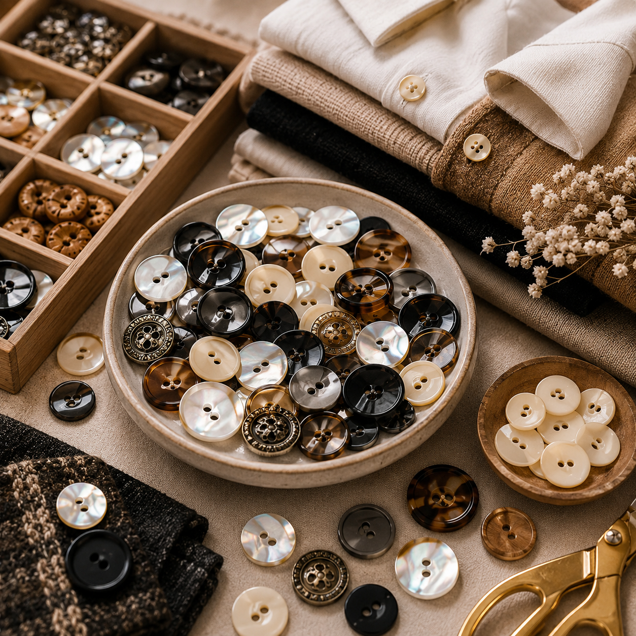 Illustration de boutons de couture noirs et blancs sur fond blanc, accessoires mercerie.