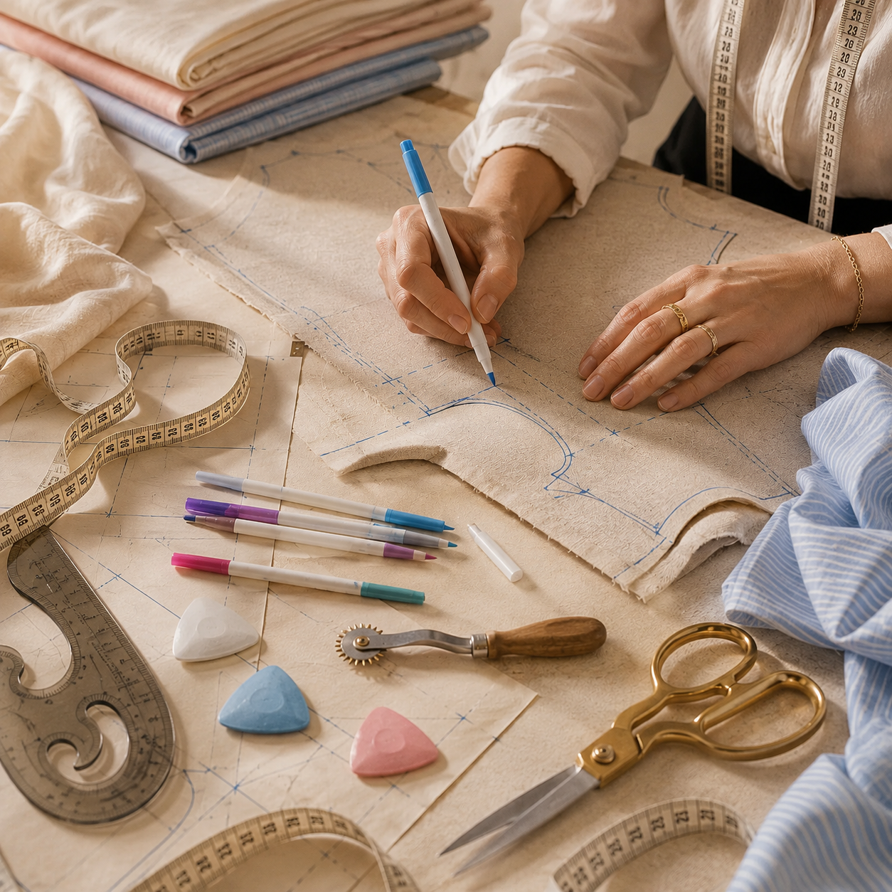 Illustration d’outils de couture : ciseaux, règle, fil, ruban, découseur, colle, crayons