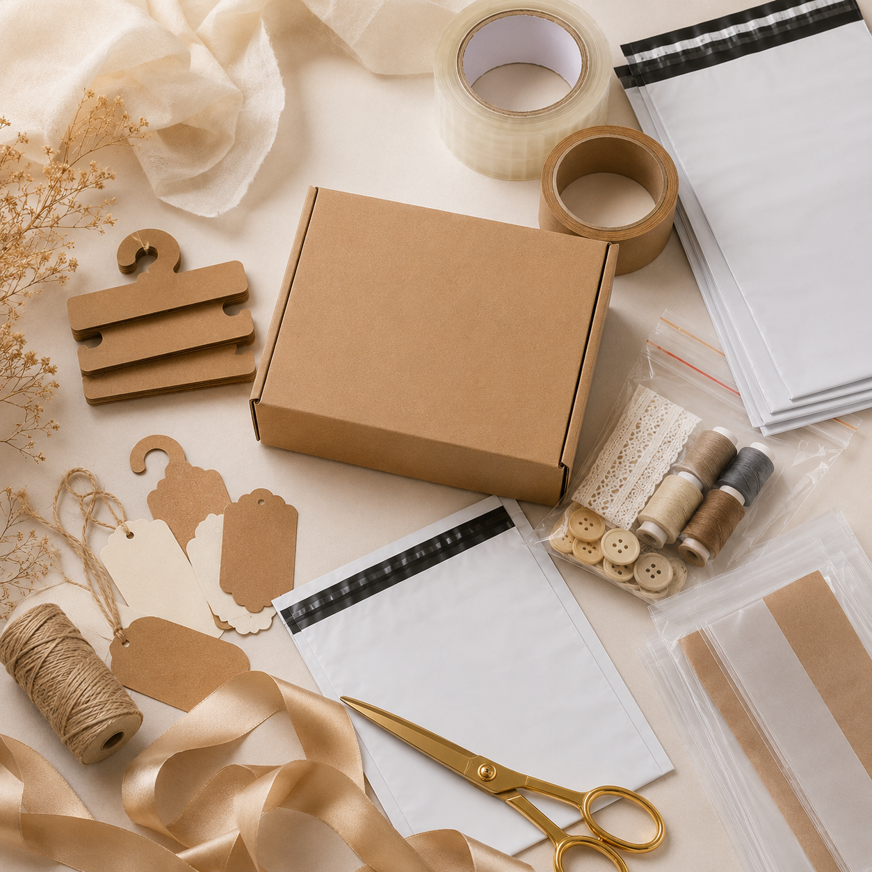 Illustration de fournitures d'emballage : ruban adhésif, boîtes, sachets zip pour couture.