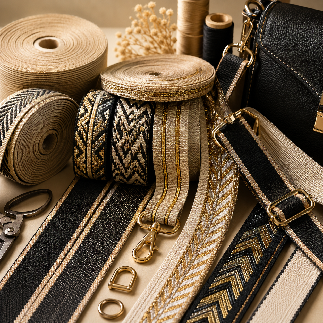 Rouleaux de sangles pour couture, accessoires textiles et projets d'artisanat.