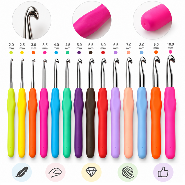 Ergonomic Crochet Hook Set – 14 Sizes – 2.0 to 10.0 mm
