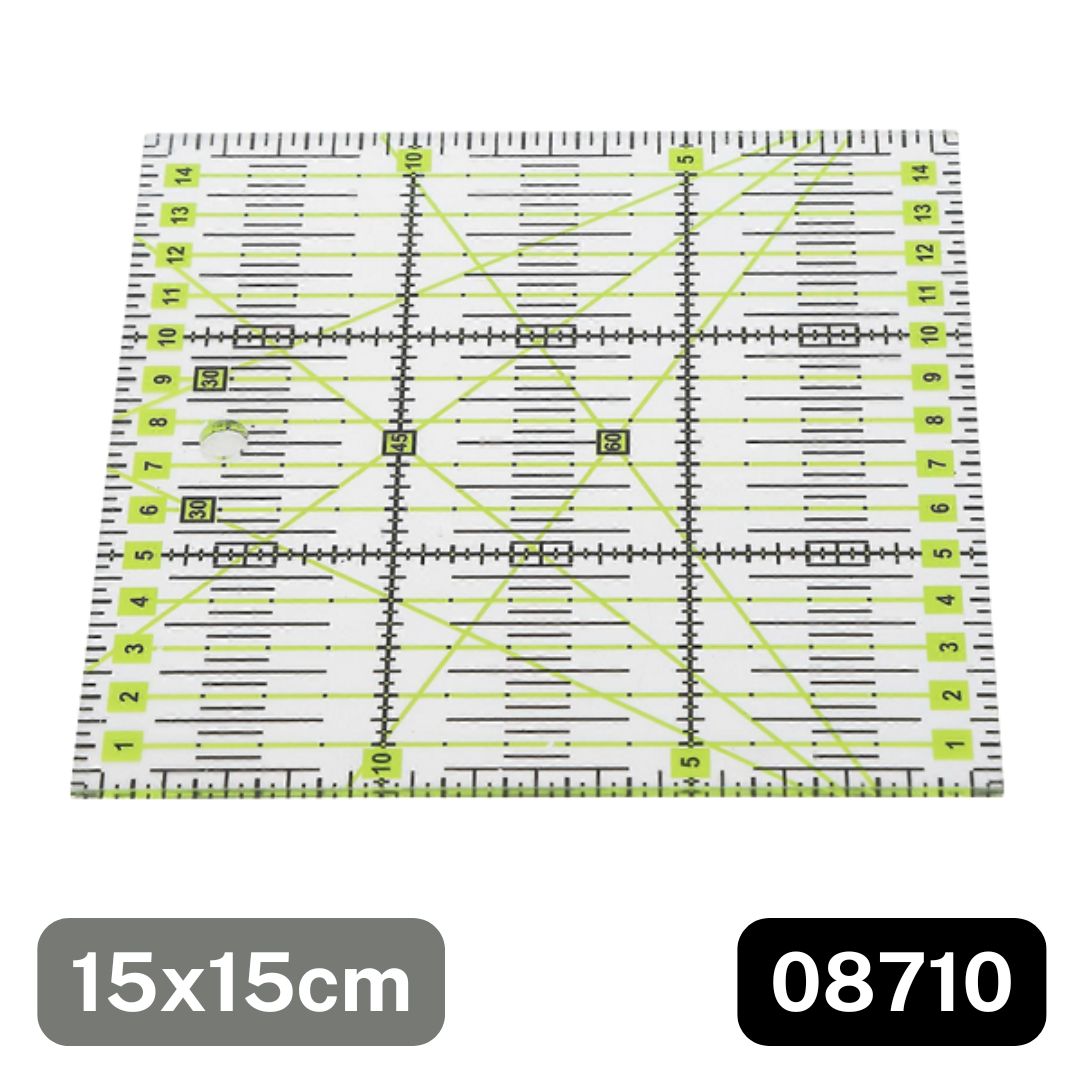 Règle carrée patchwork 15x15cm pour couture, avec repères verts et noirs, outil mesure